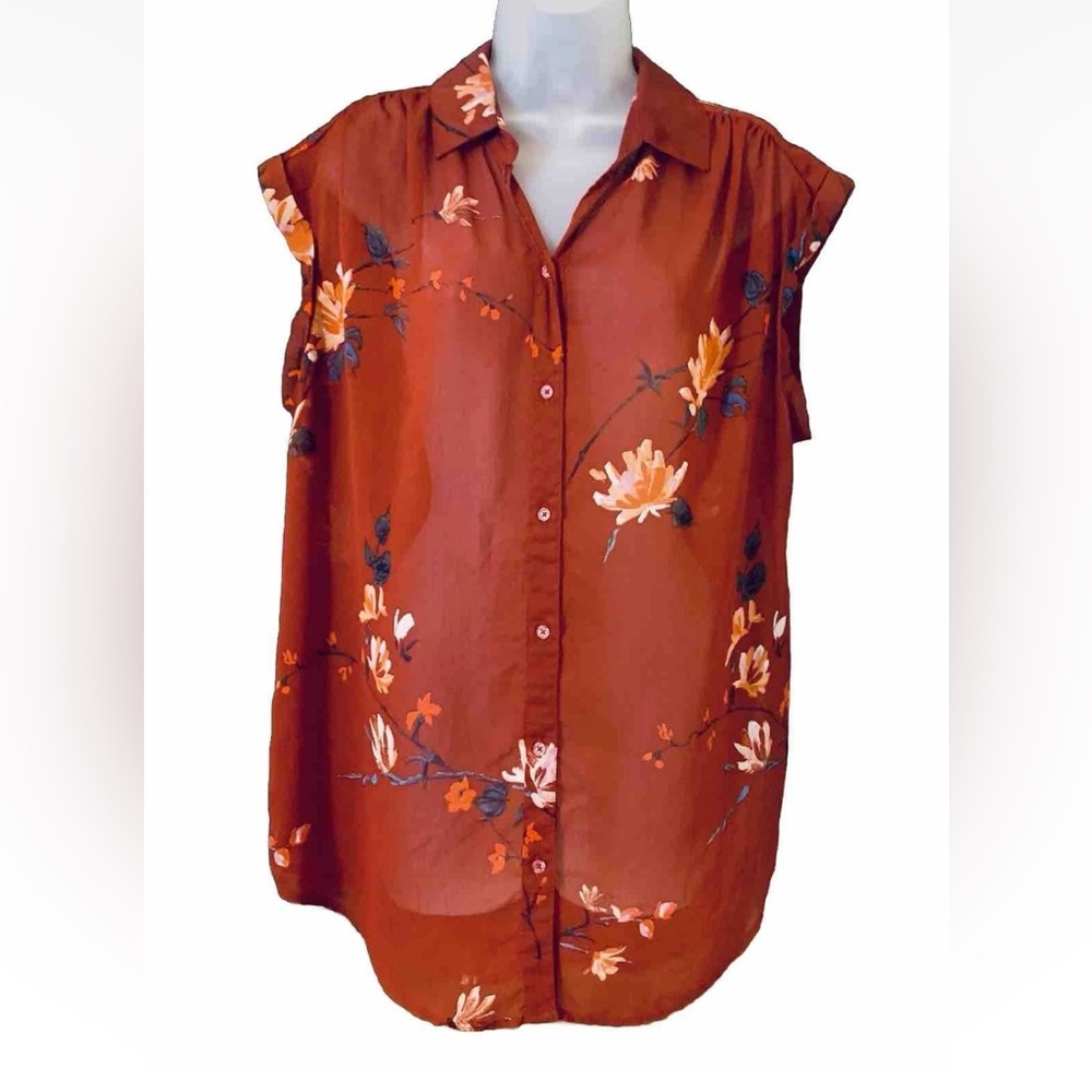 AVA & VIV Women's X Size 14W Button Blouse Rust Floral Semi Sheer Cap Sleeve Top